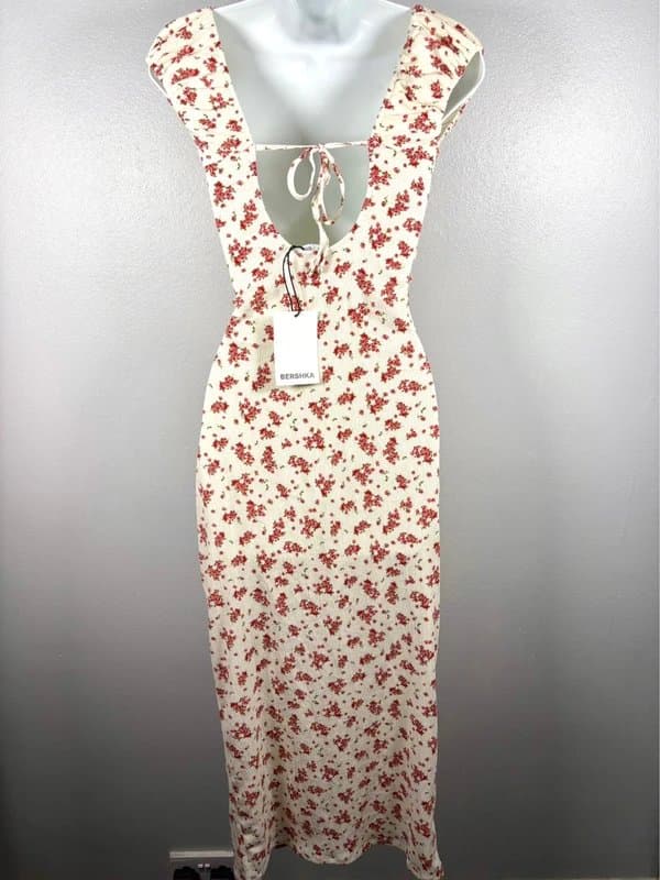 Bershka Bershka White Floral Vintage Inspired Ribbed Maxi Dress Size L Cottagecore Party Summer