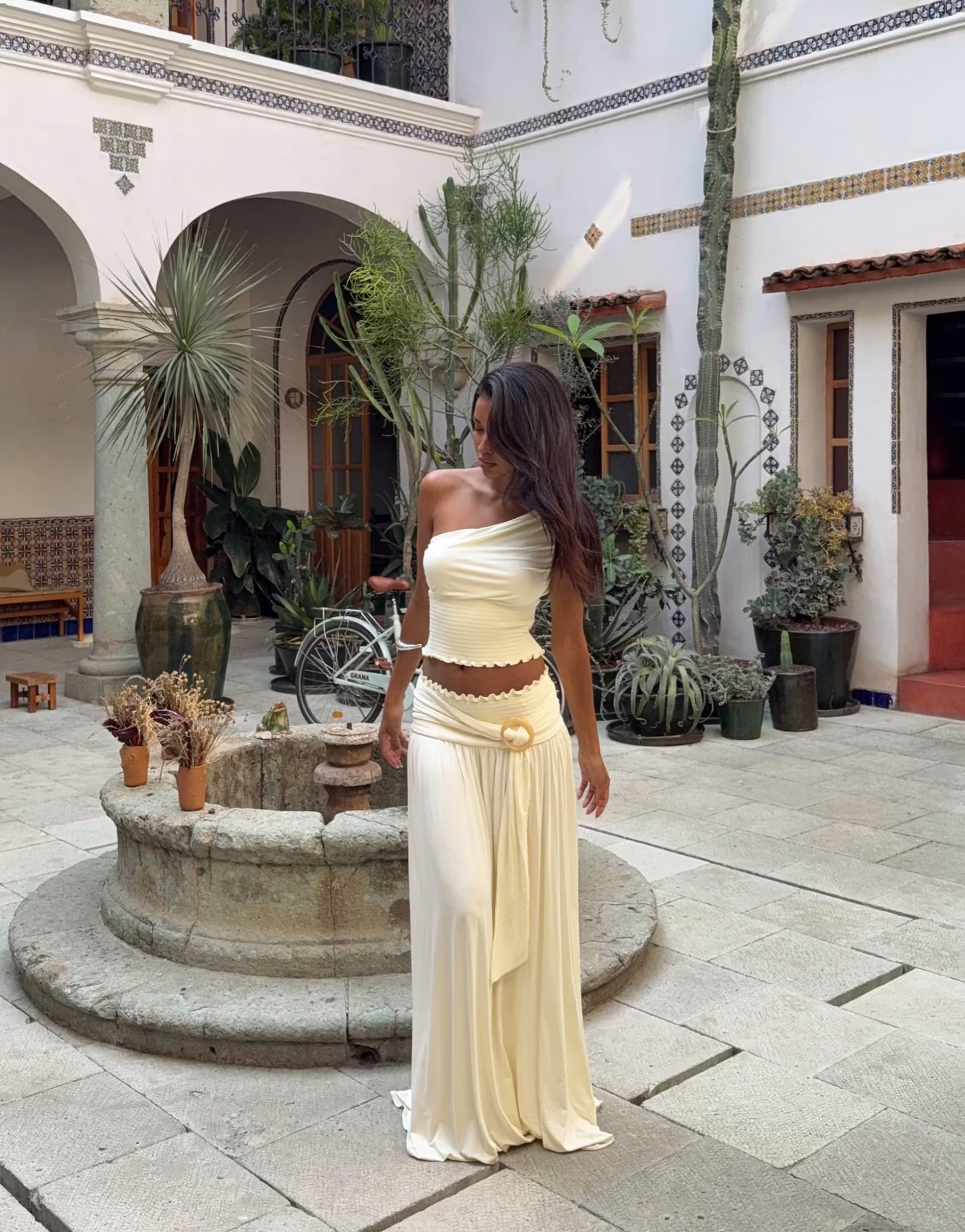 ASOS Princess Polly Full Orbit one shoulder shirred waist top co-ord in cream