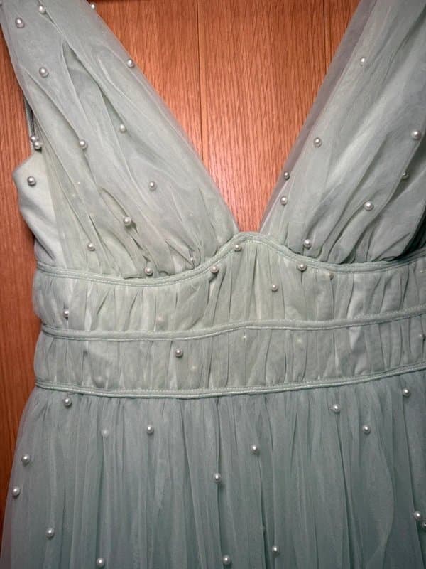 ASOS Design ASOS Sage Green Pearl Embellished Tulle Tiered Midi Dress - UK10