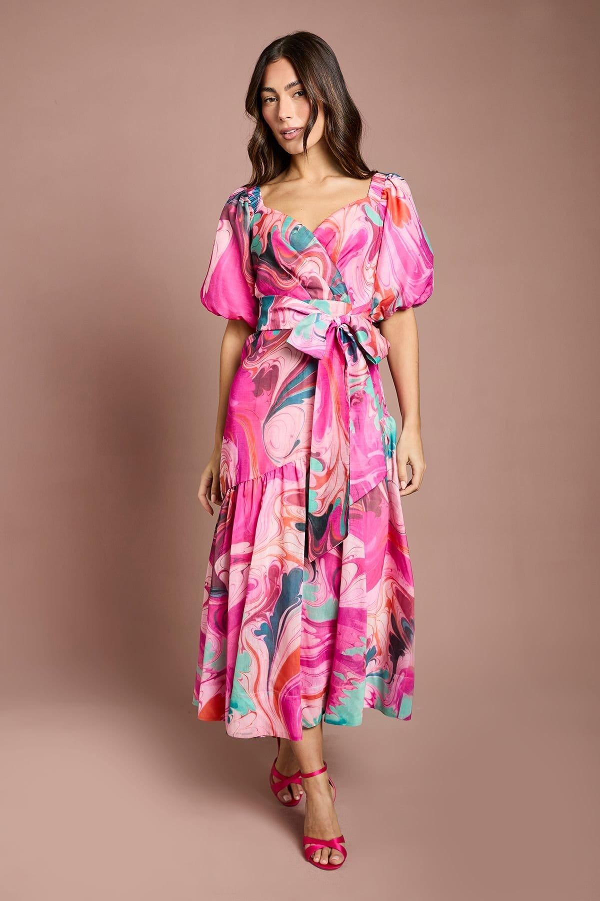 Coast Pink Printed Puff Sleeve Midi Dress