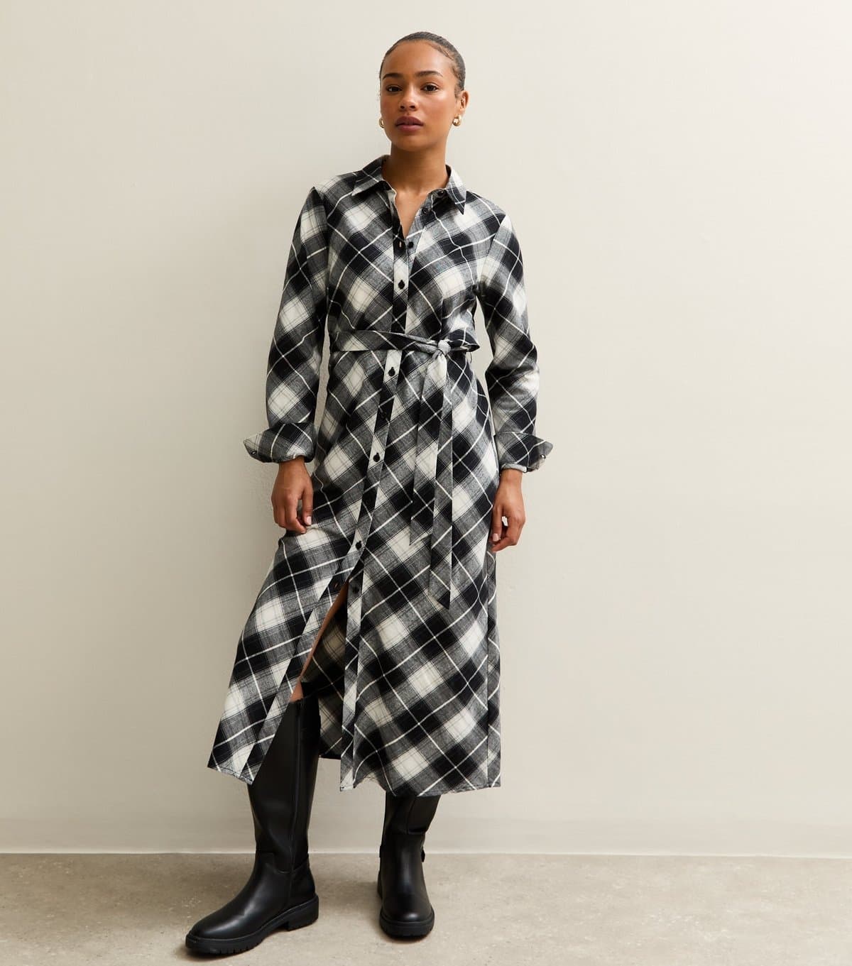 New Look Women's Petite Black Checked Button Up Belted Midi Shirt Dress New Look