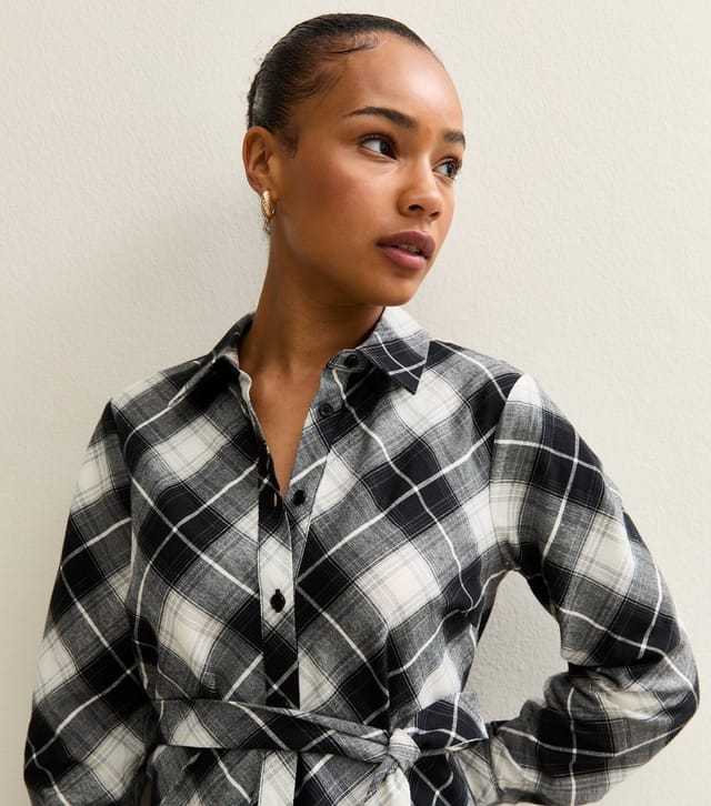 New Look Women's Petite Black Checked Button Up Belted Midi Shirt Dress New Look - 2