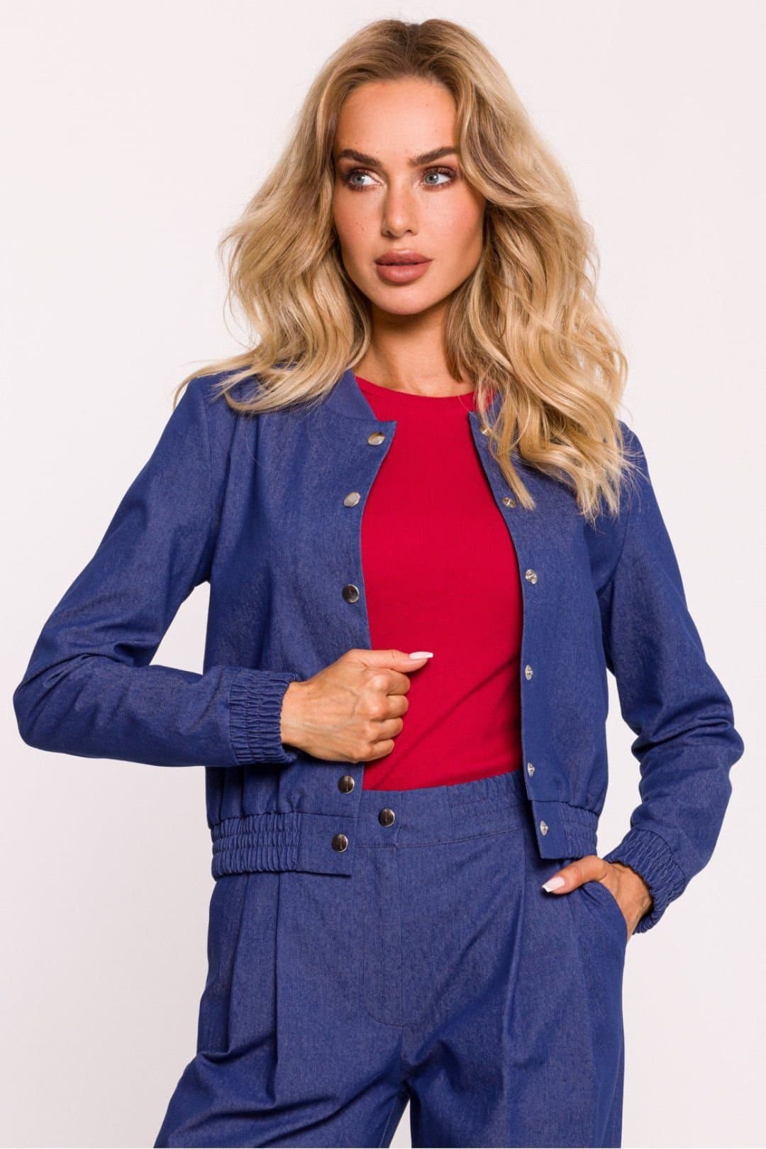 Love Lace Love Lace Women's Cotton Snap Front Bomber Jacket with Rib Cuff in Blue