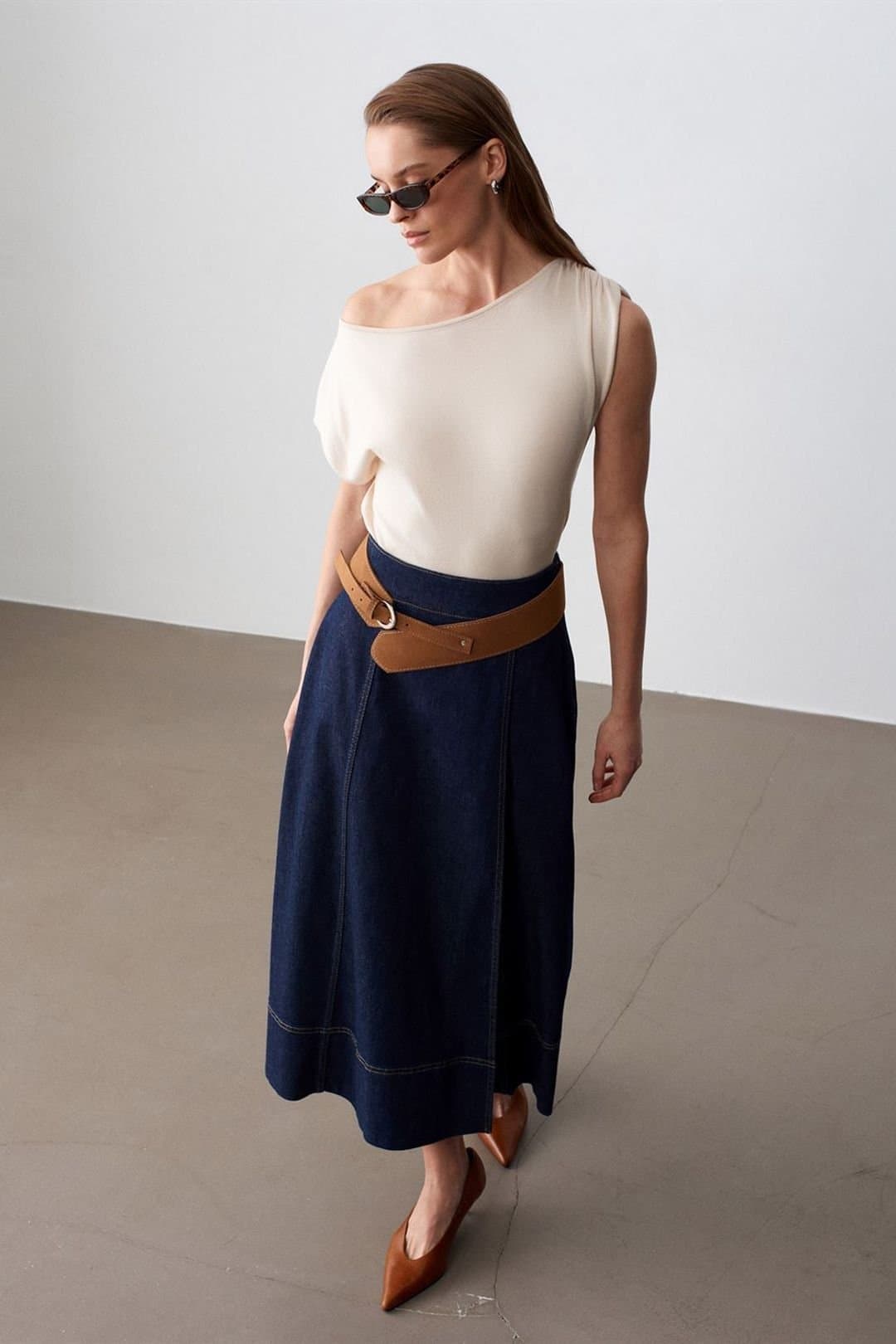 Dilvin Dilvin Dark Indigo High-Waist A-Line Denim Maxi Skirt