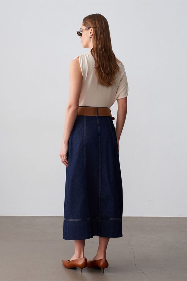 Dilvin Dilvin Women's High-Waist A-Line Denim Maxi Skirt With Belt in Dark Indigo - 2
