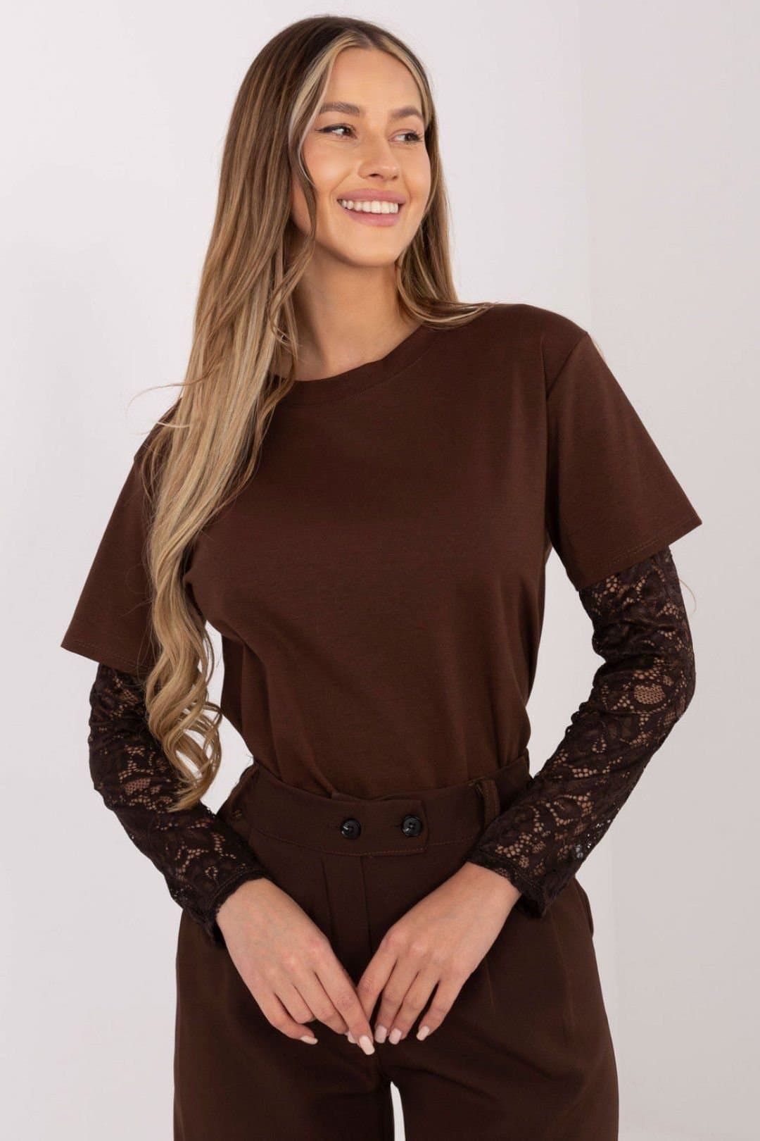 Love Lace Love Lace Women's Everyday Cotton Blend Lace Sleeve Blouse in Brown