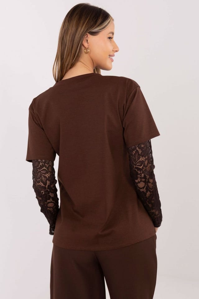 Love Lace Love Lace Women's Everyday Cotton Blend Lace Sleeve Blouse in Brown - 3