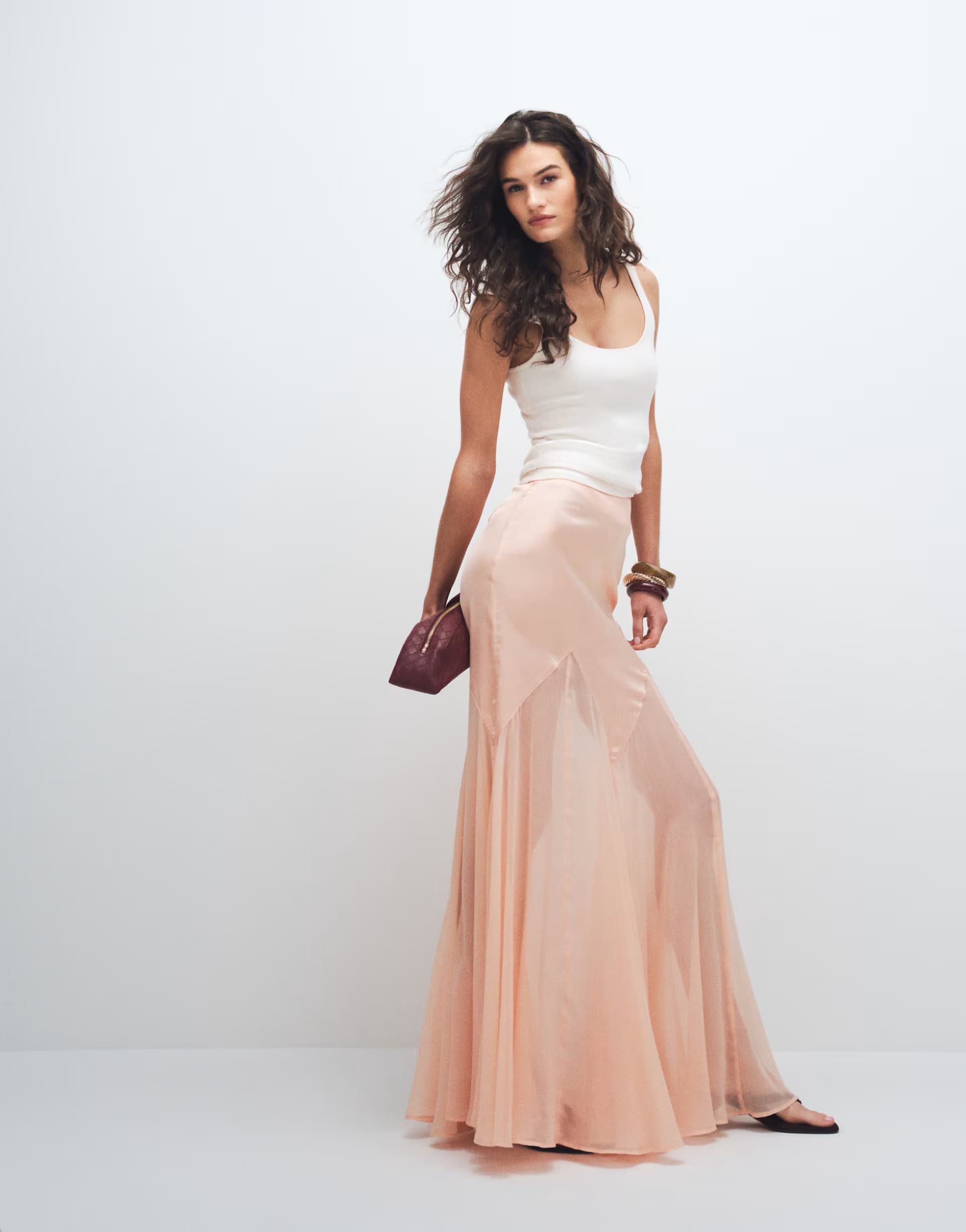 ASOS ASOS DESIGN Tall satin and chiffon mix fishtail skirt in peach