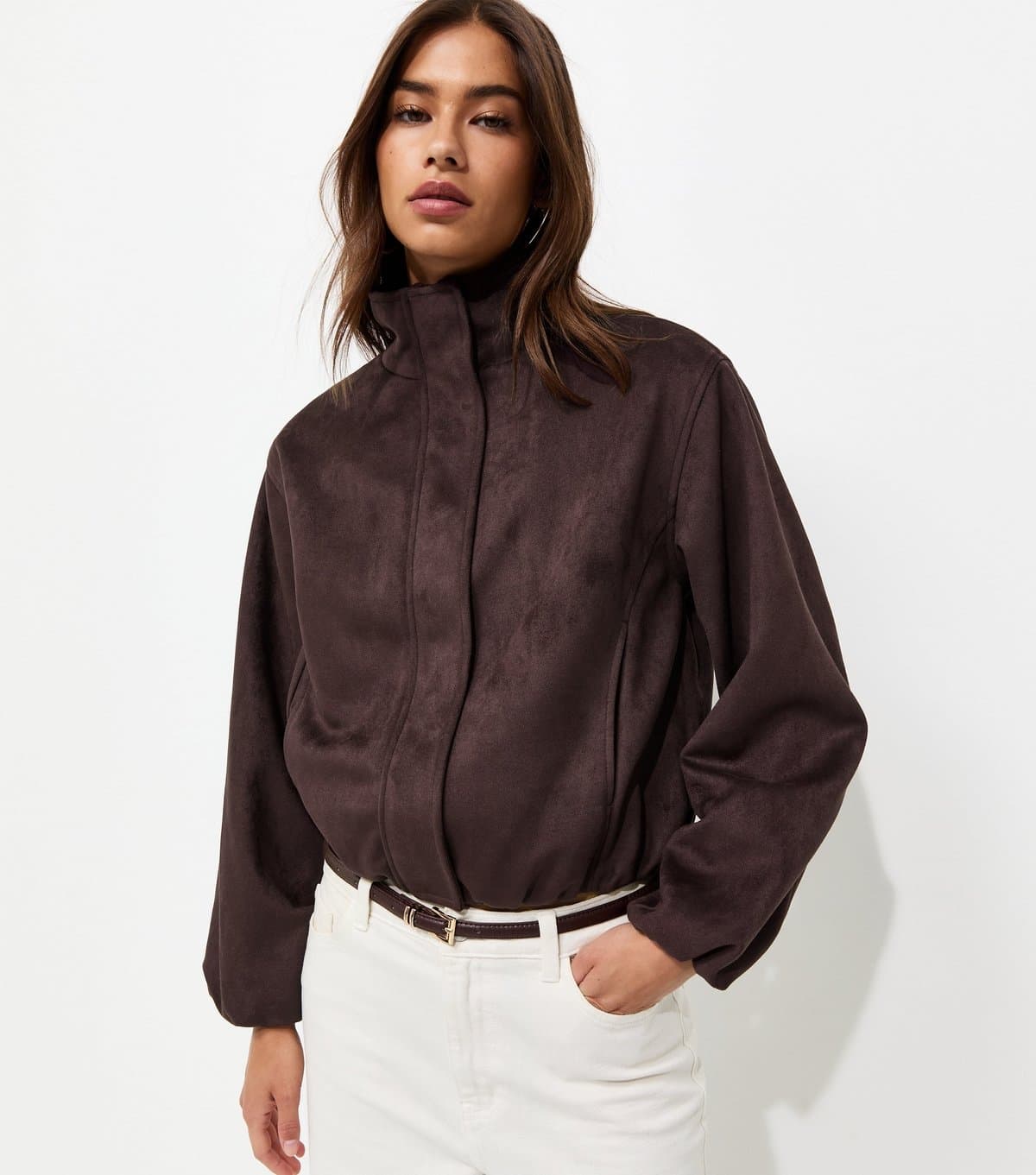 New Look Women's Dark Brown Faux Suede Bubble Hem Jacket New Look