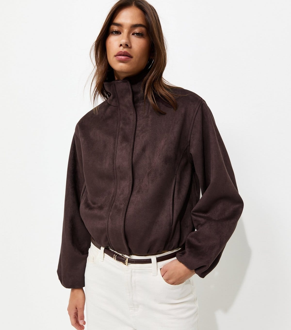 New Look Dark Brown Faux Suede Bubble Hem Jacket