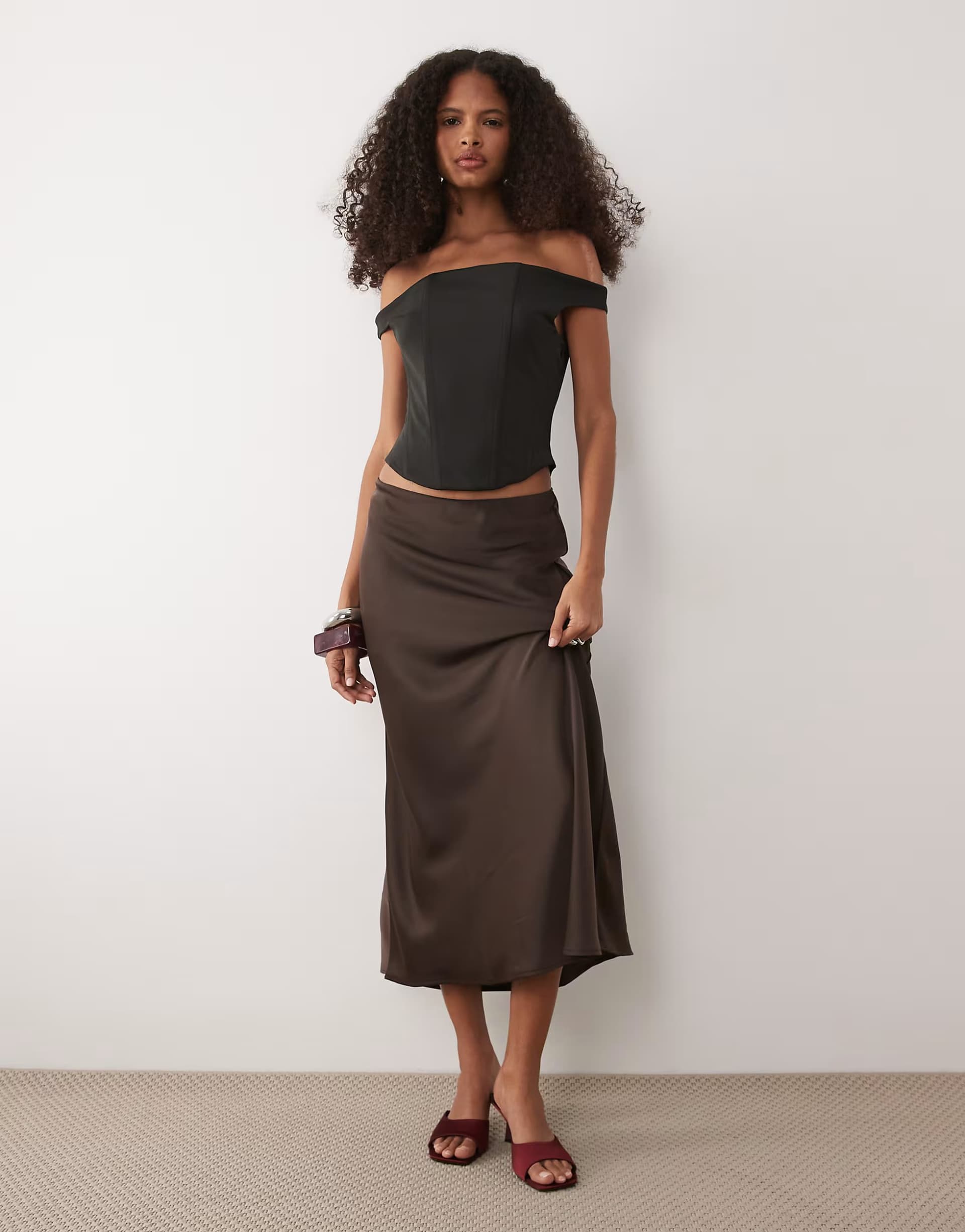 ASOS YAS satin midi skirt in chocolate brown