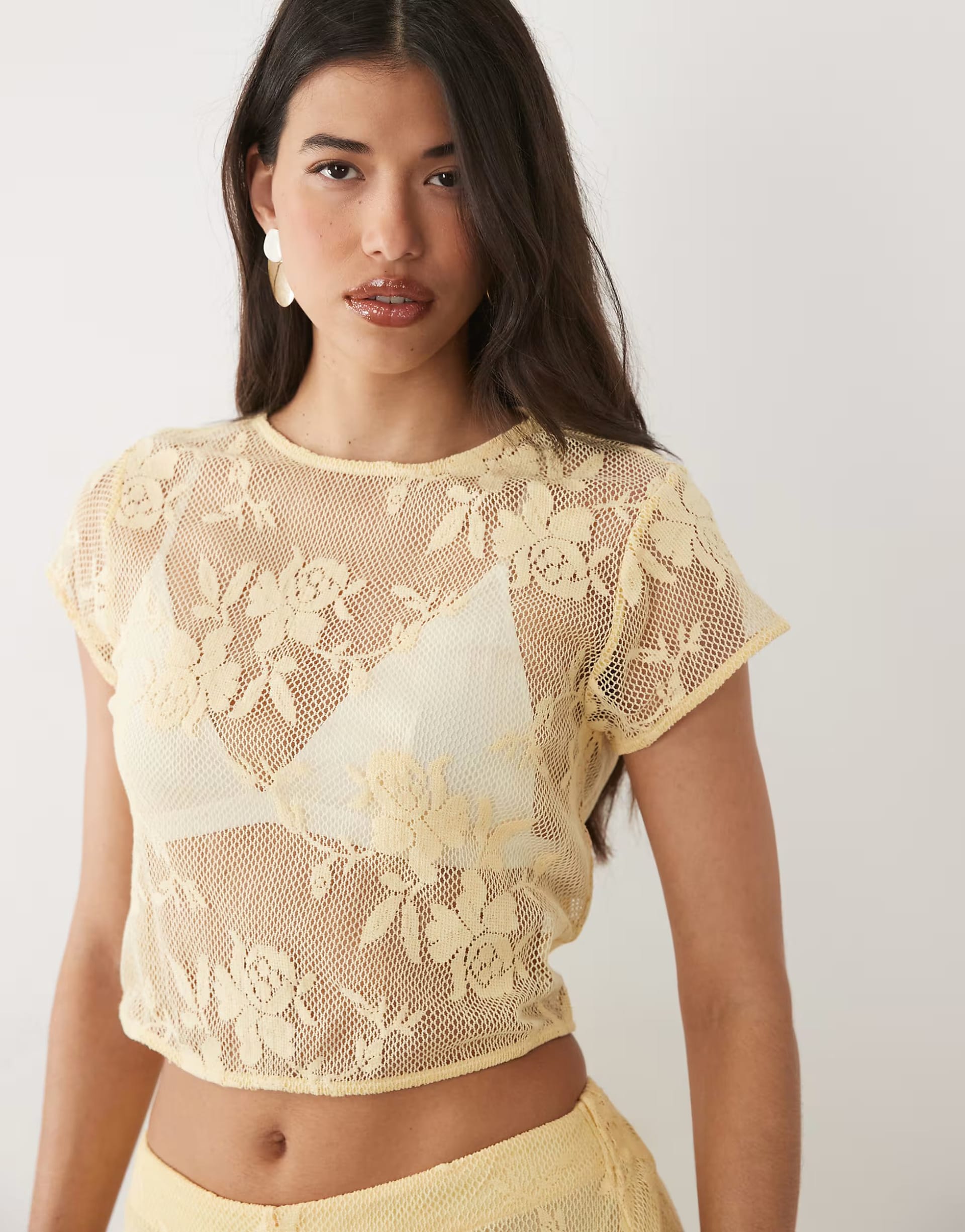 ASOS DESIGN Co-ord Crochet Floral Lace Baby Tee In Yellow