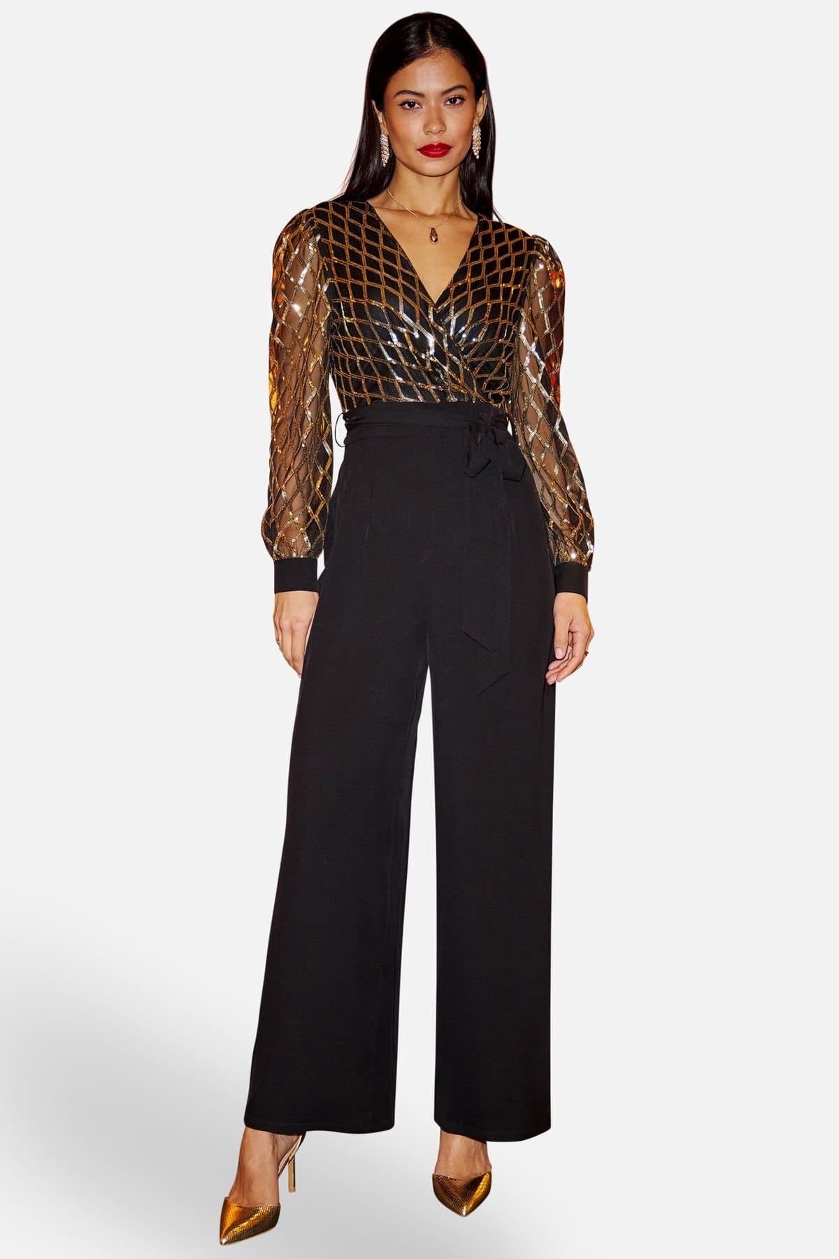 Yumi Yumi Women's Black & Gold Sequin Wrap Over Jumpsuit