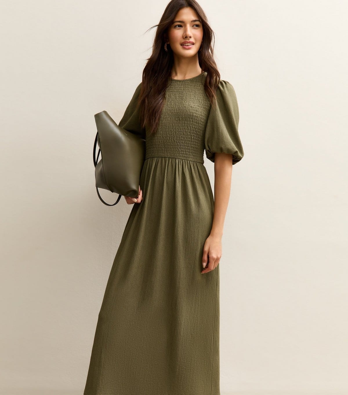 Women's Khaki Textured Jersey Puff Sleeve Smock Midi Dress New Look