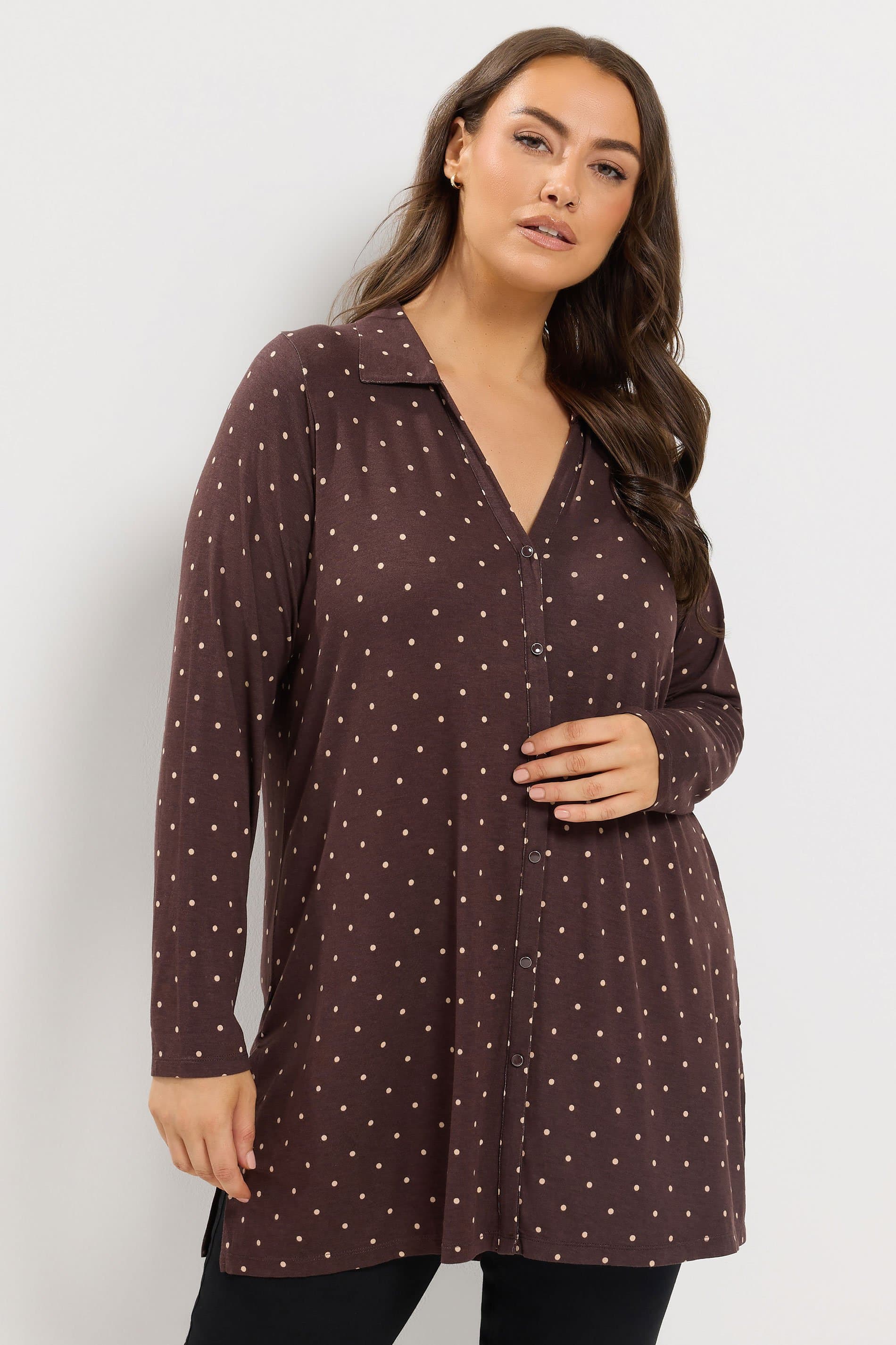 Yours Plus Size Chocolate Brown Polka Dot Jersey Shirt