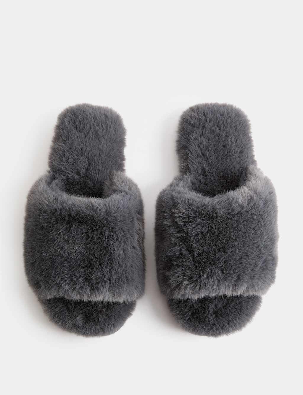 Marks & Spencer M&S Faux Fur Open Toe Slider Slippers Dark Grey