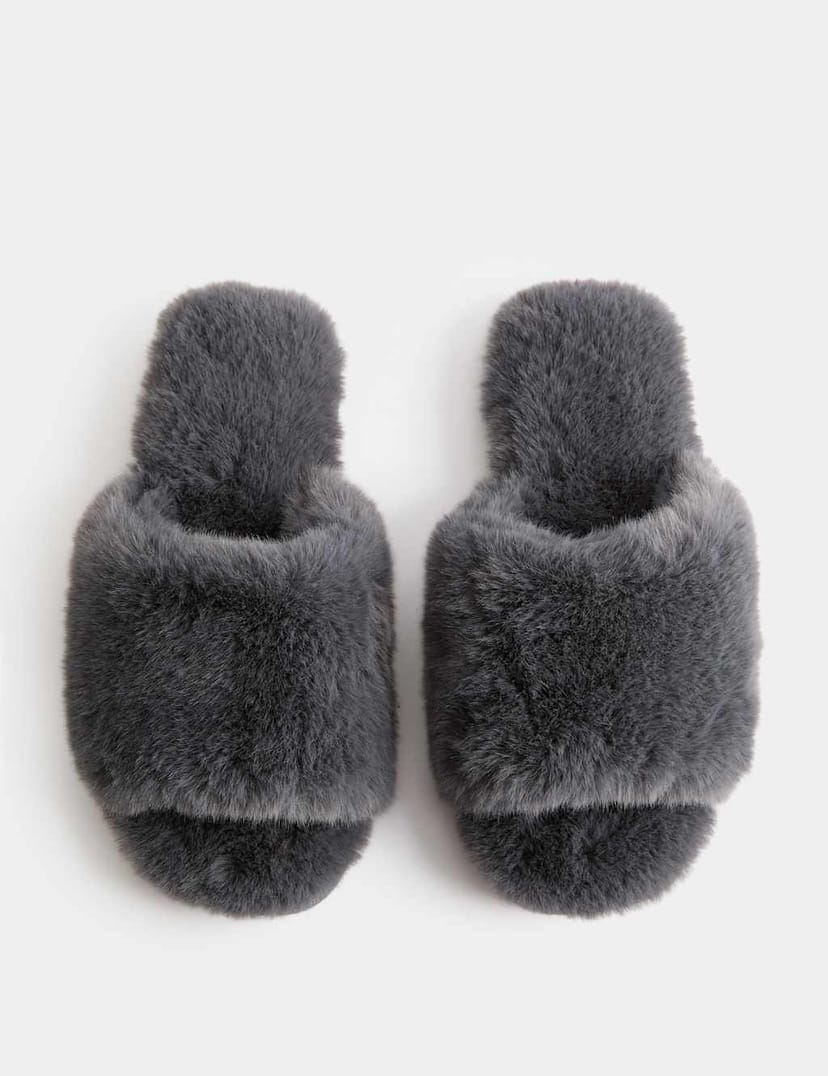 Marks & Spencer M&S Faux Fur Open Toe Slider Slippers Dark Grey - 1