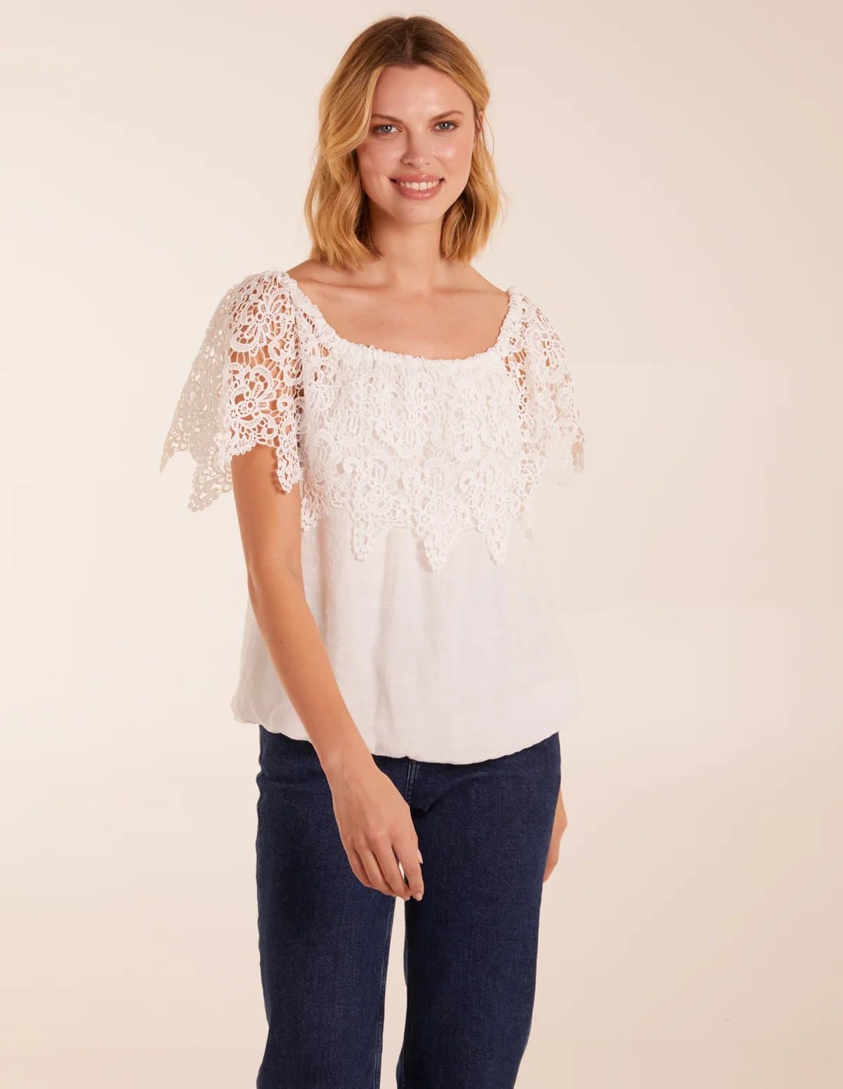 Blue Vanilla Crochet Lace Milkmaid Puff Ball Top