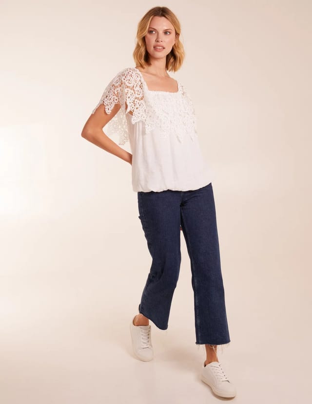 Blue Vanilla Crochet Lace Milkmaid Puff Ball Top - 2