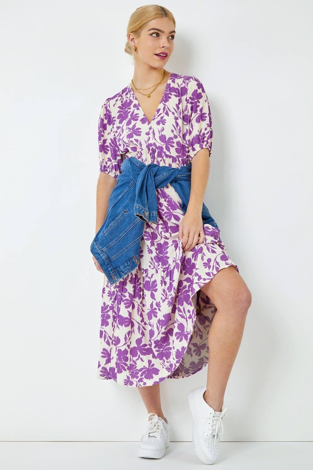 DUSK Dusk Women's Floral Tiered Midi Smock Dress in Lavender