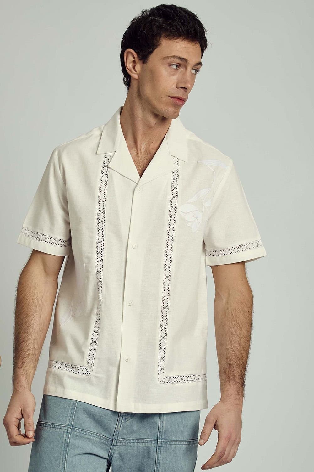 Native Youth Native Youth Men's Cotton Linen Short Sleeve Lace Shirt in White