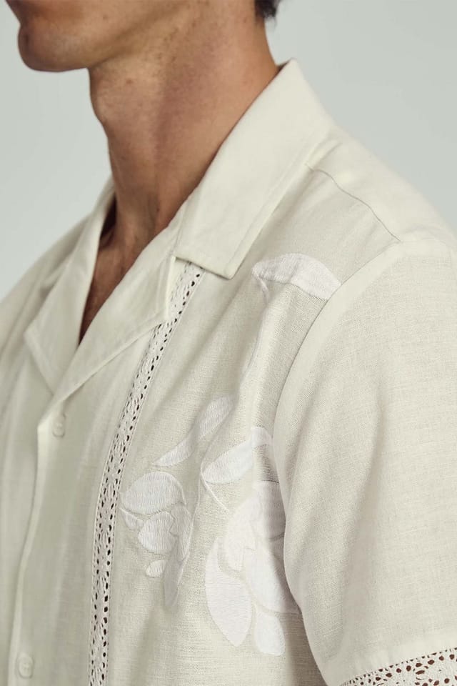 Native Youth Native Youth Men's Cotton Linen Short Sleeve Lace Shirt in White - 3