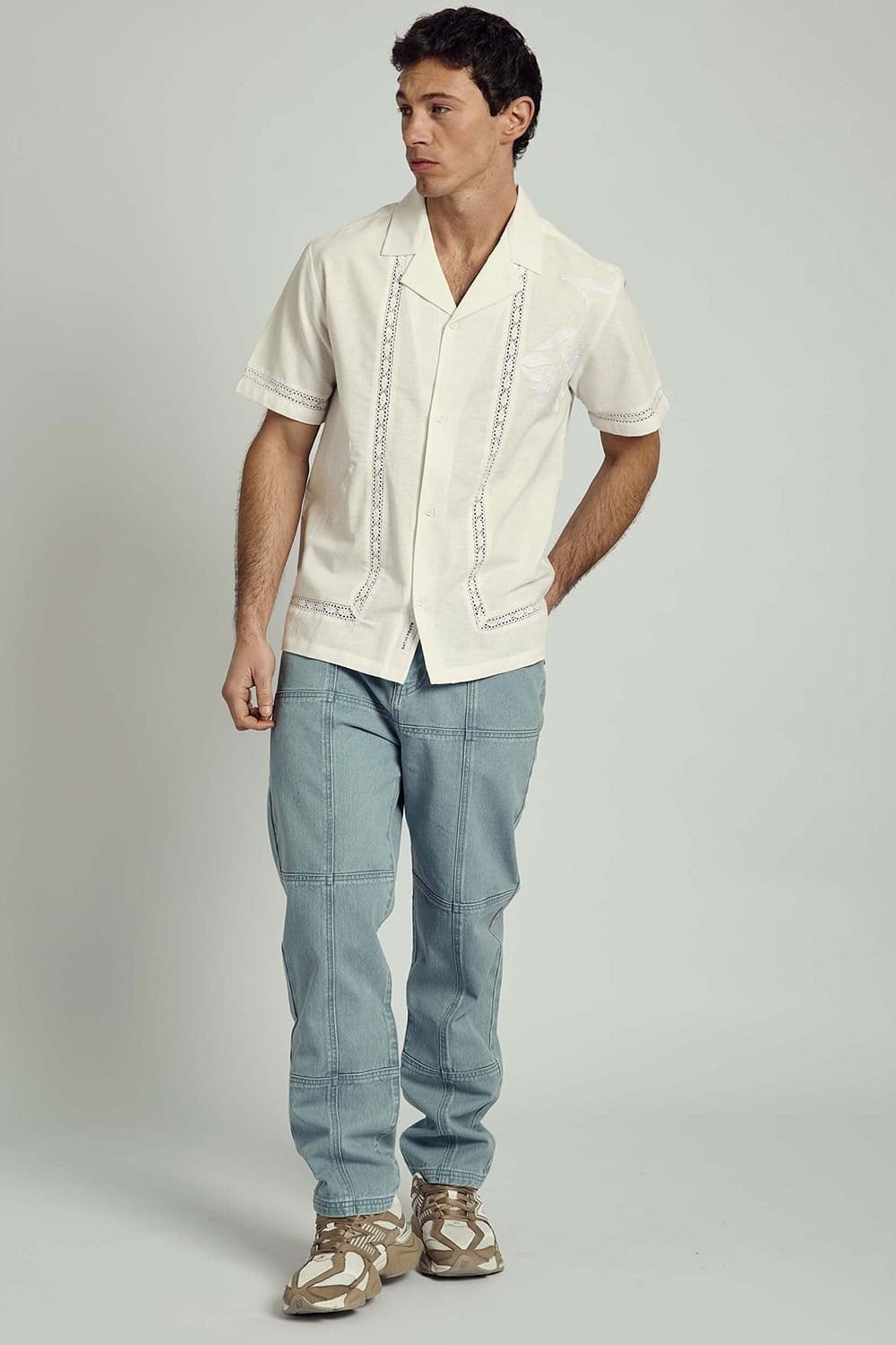 Native Youth Native Youth Men's Cotton Linen Short Sleeve Lace Shirt in White - 4