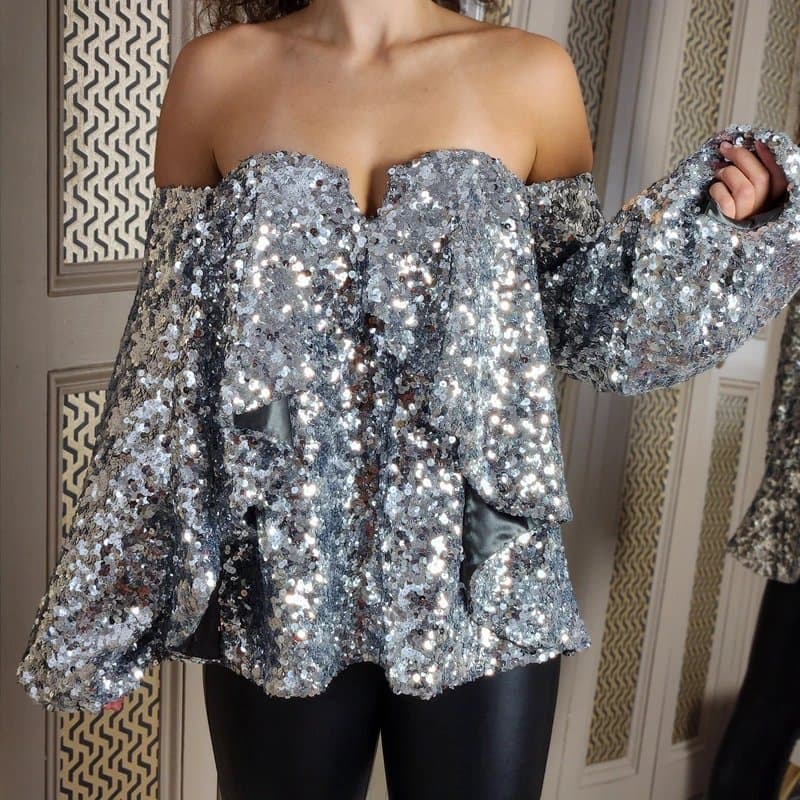 Halpern Halpern Runway Ruffled Silver Sequin Tulle Top Blouse Blouson £1787 FR36 UK 8 10
