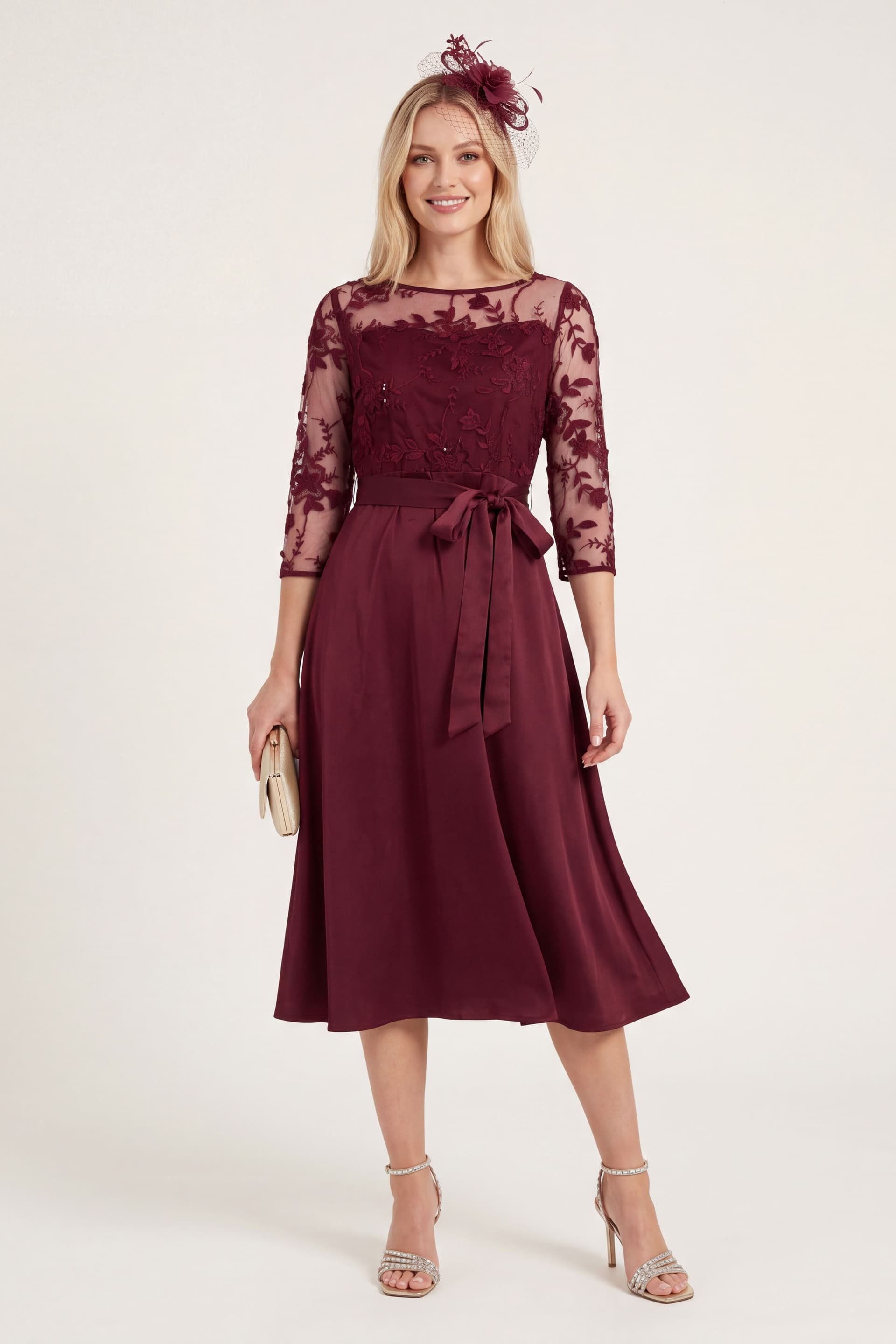 Wallis Wallis Women's Petite Satin & Mesh Overlay Fit & Flare Dress in Wine