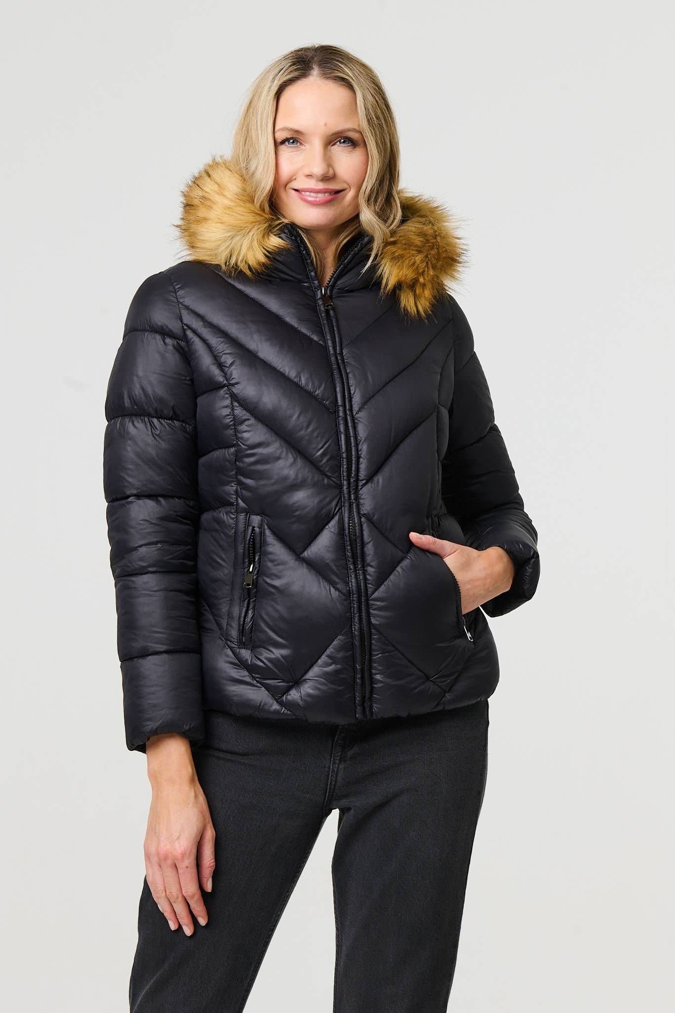 Izabel London Izabel London Women's Faux Fur Trim Hooded Puffer Jacket in Black