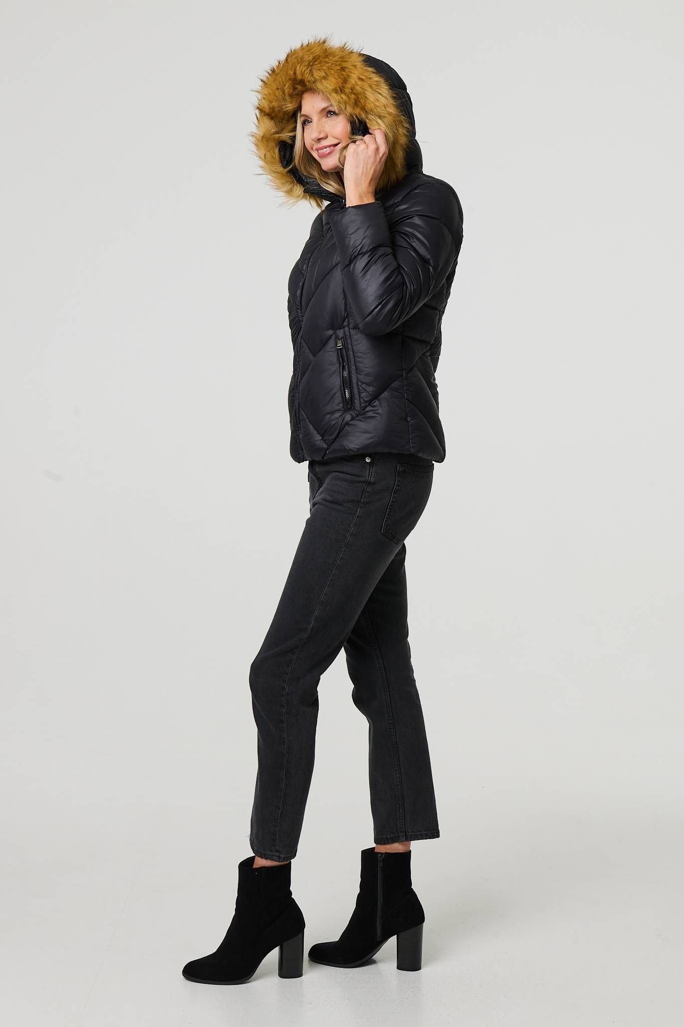 Izabel London Izabel London Women's Faux Fur Trim Hooded Puffer Jacket in Black - 2