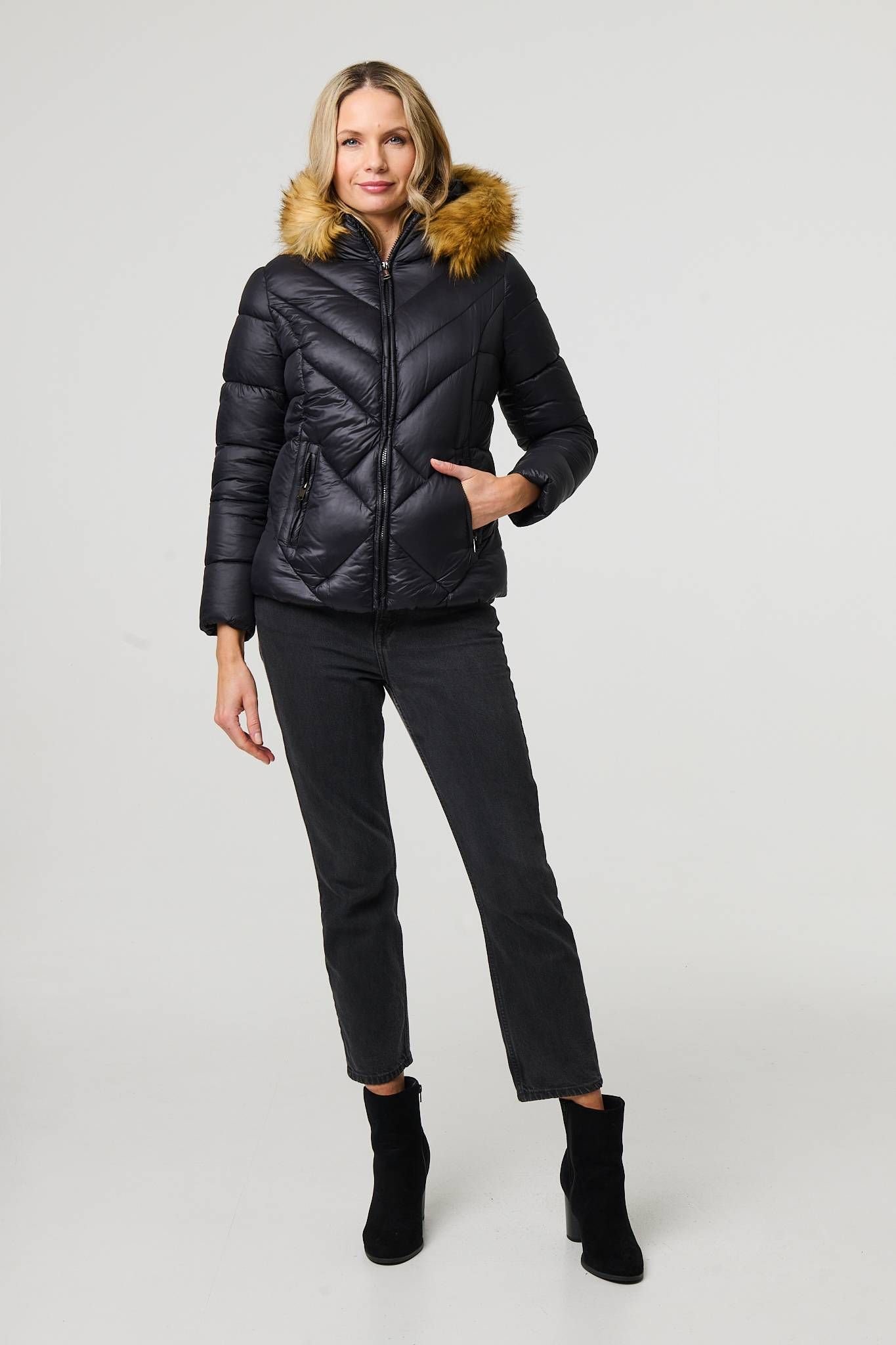 Izabel London Izabel London Women's Faux Fur Trim Hooded Puffer Jacket in Black - 4