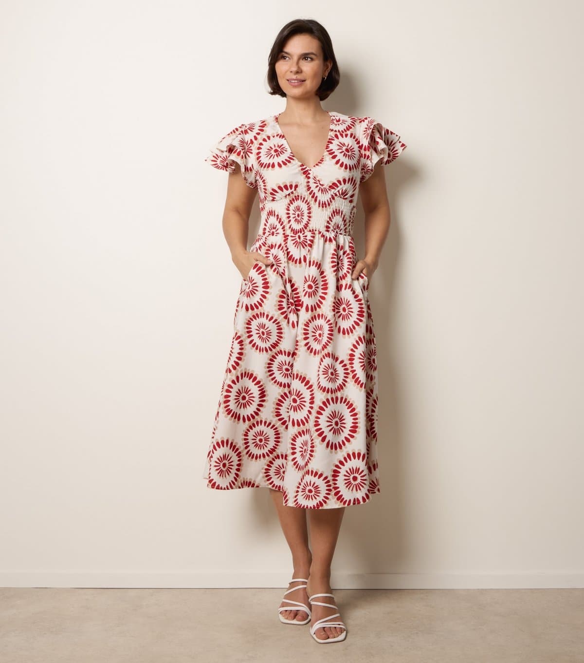 Blue Vanilla Women's Rust Circle Print Flutter Sleeve Midi Dress Blue Vanilla New Look