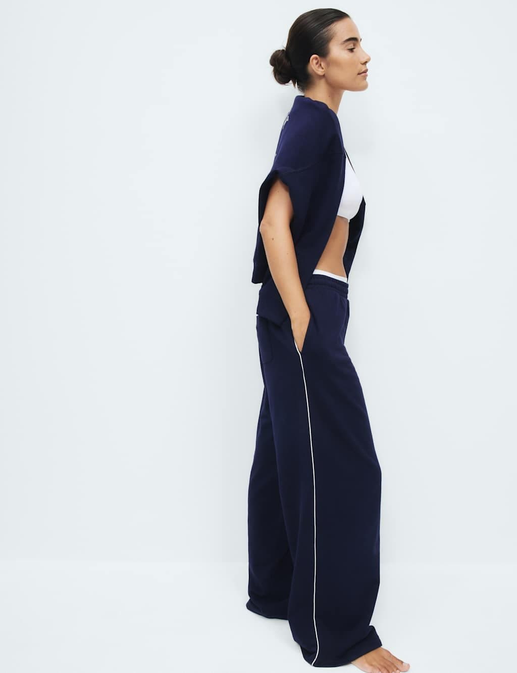 Marks & Spencer M&S Cotton Rich Loopback Wide Leg Joggers Navy