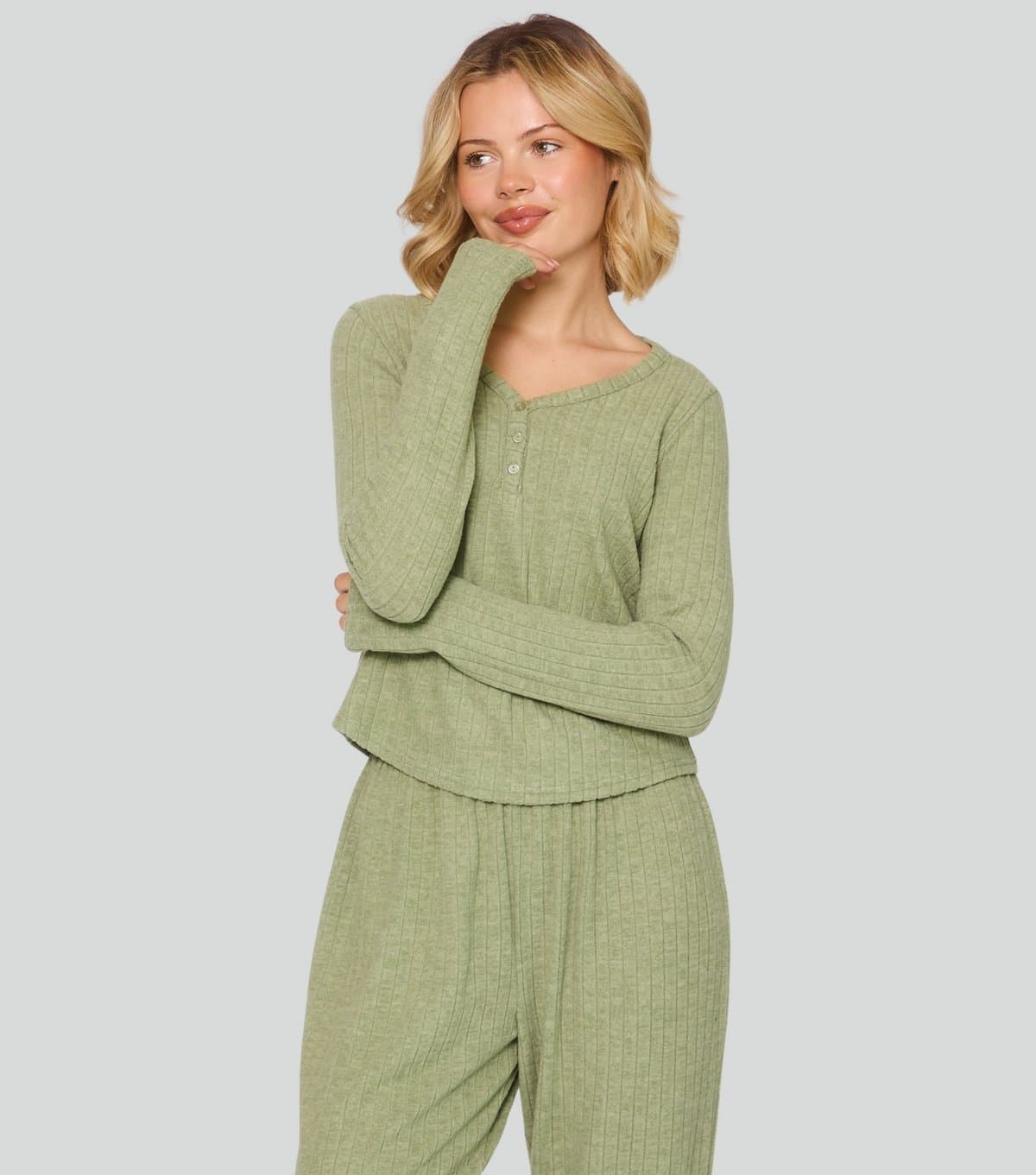 Loungeable Loungeable Green Ribbed Buttoned Lounge Set