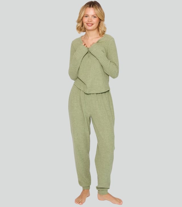 Loungeable Women's Green Super Soft Brushed Rib Buttoned Lounge Set Loungeable New Look - 2