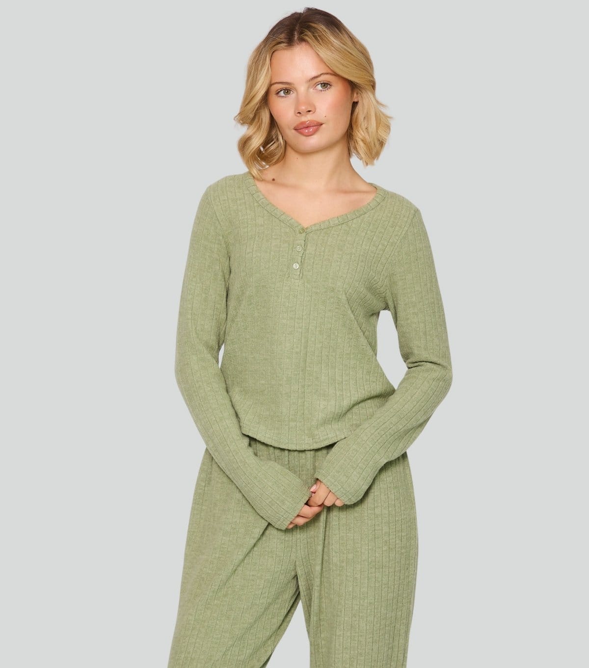 Loungeable Women's Green Super Soft Brushed Rib Buttoned Lounge Set Loungeable New Look - 4