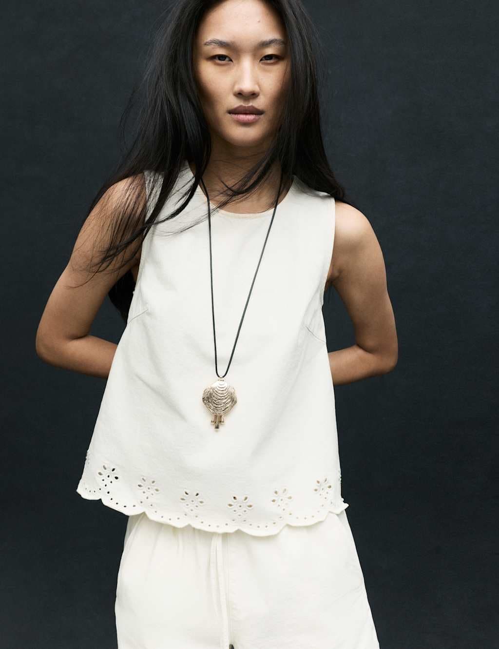 Marks & Spencer M&S Denim Broderie Detail Top Ivory