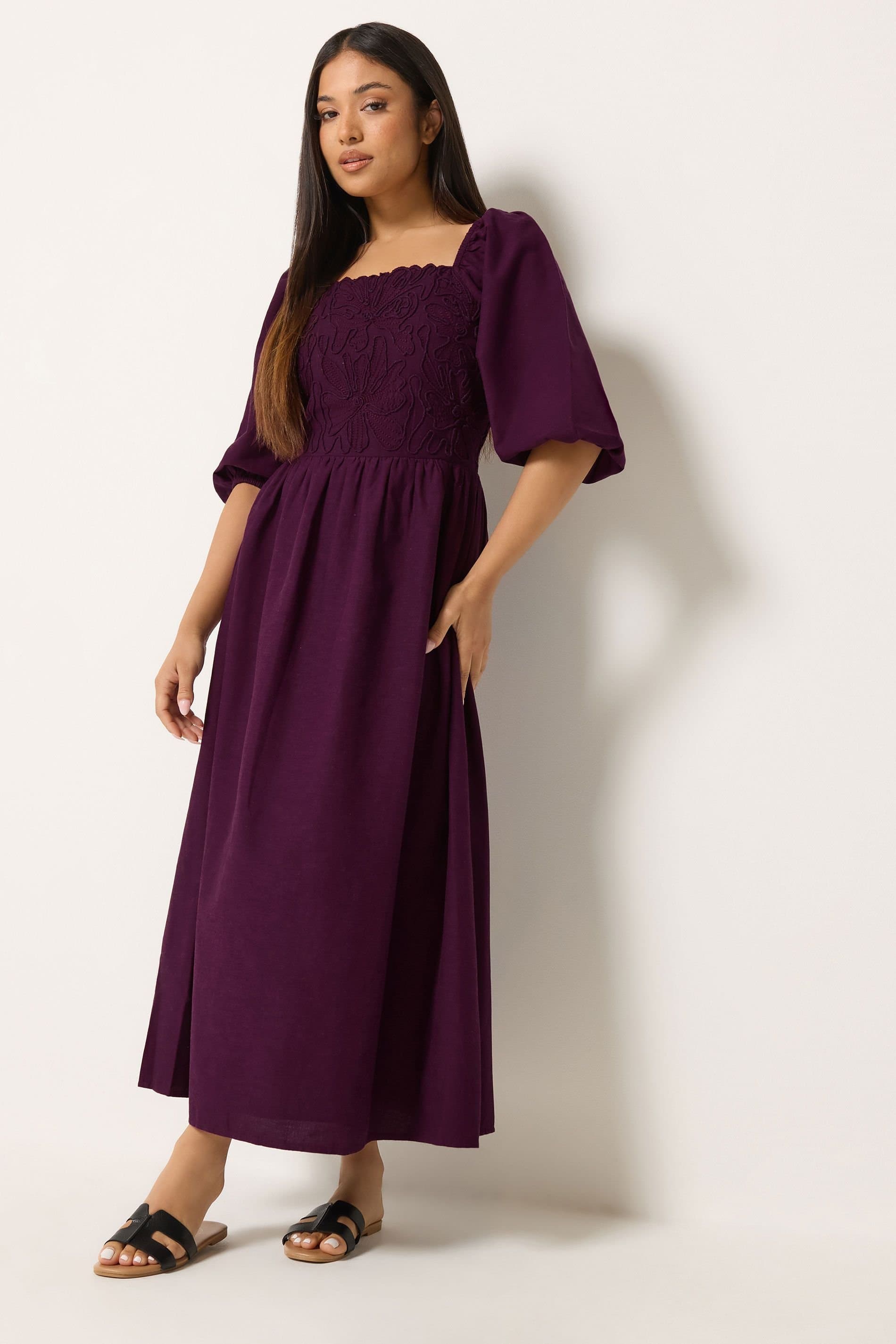 M&Co M&Co Women's Petite Short Sleeve Embroidered Trim Maxi Dress in Purple