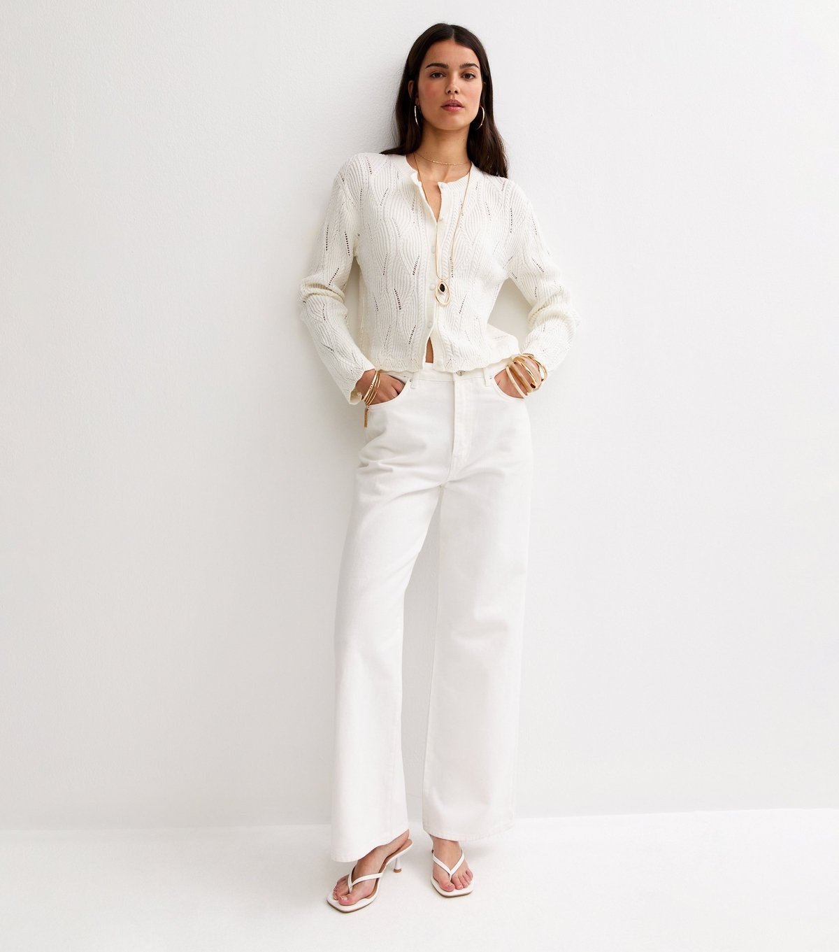 New Look Women's Cream Cotton Rich Ladder Stitch Scallop Trim Knitted Cardigan New Look - 2