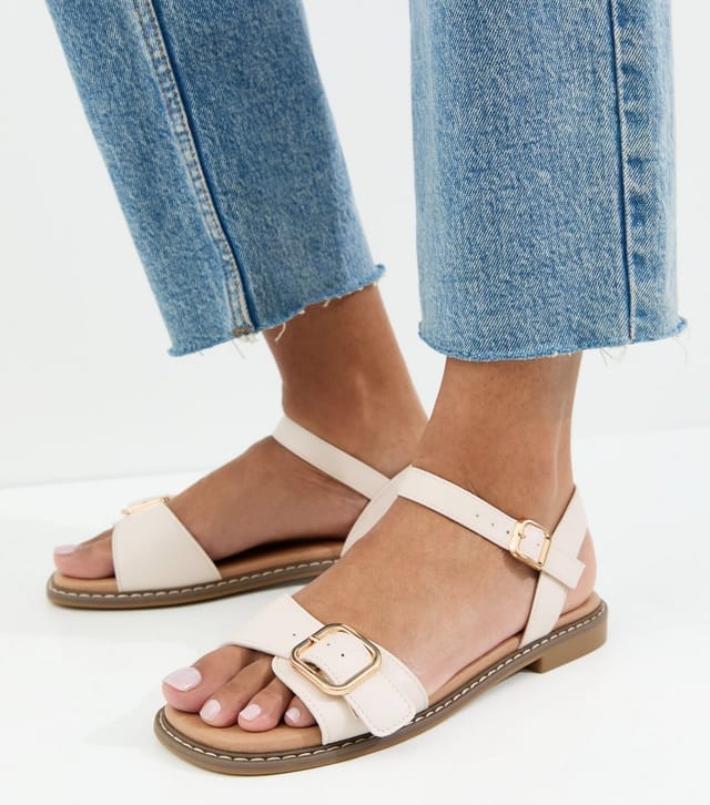 New Look Women's White Buckled Strap Faux Leather Sandals Vegan New Look - 2