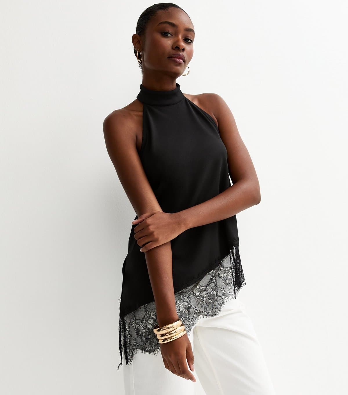 New Look Women's Black Halter Neck Longline Asymmetric Hem Top New Look
