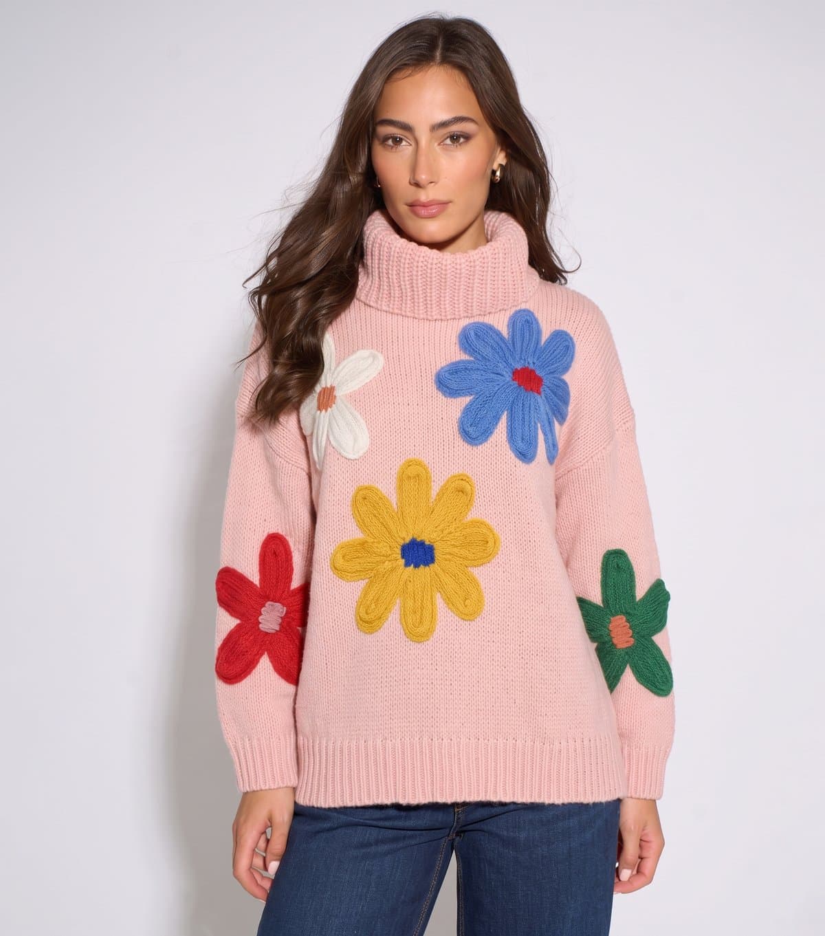 Gini London Women's Pink Floral Applique Roll Neck Jumper Gini London New Look