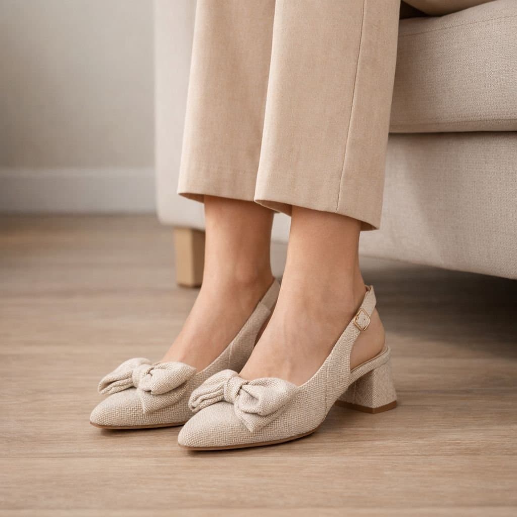 Truffle Collection Truffle Collection Women's Heeled Slingbacks Pointed Toe Buckle Strap Linen Summer Shoes in Cream