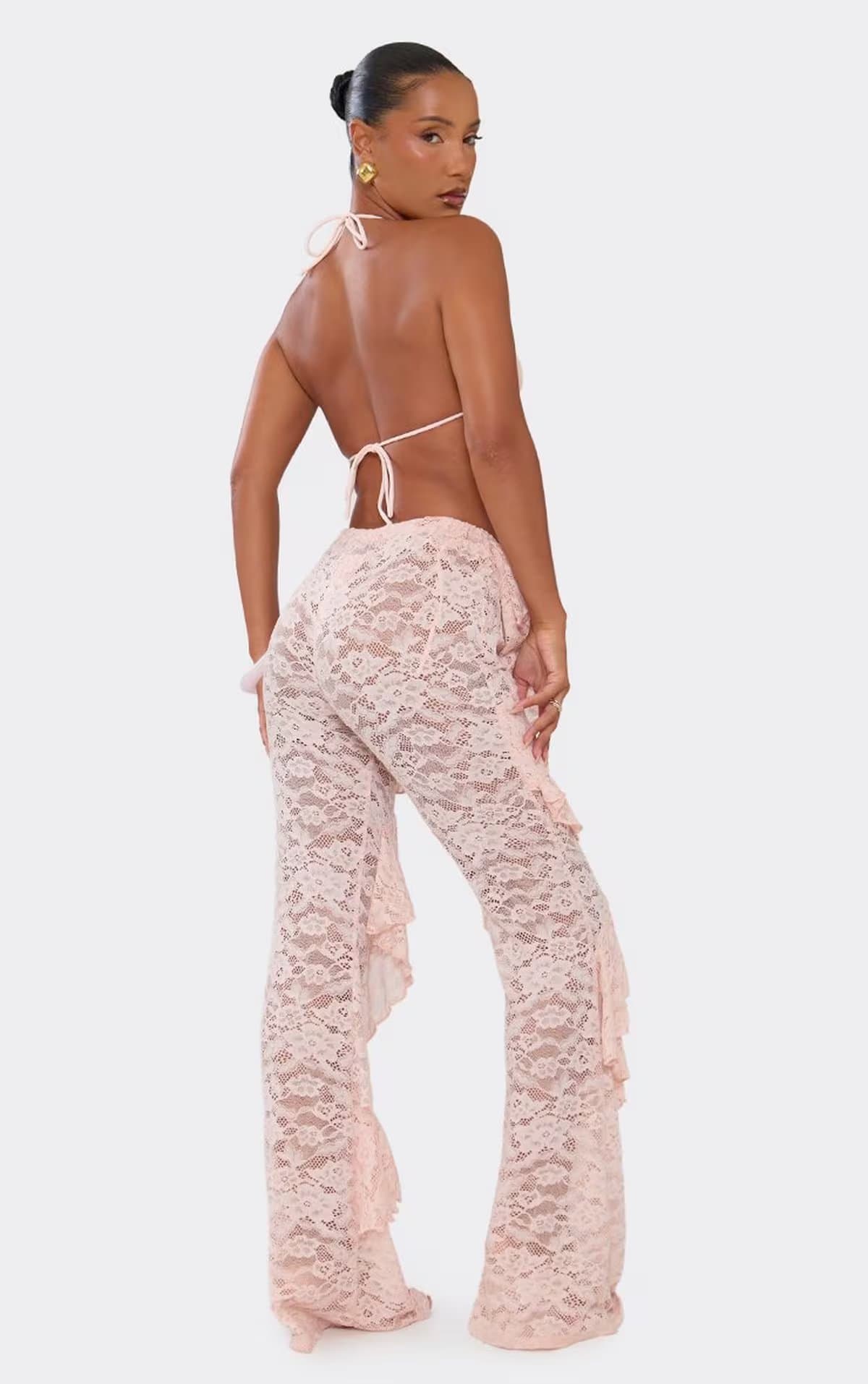 EGO Mid Rise Frill Straight Leg Trousers In Pink Lace., Women's Size UK 6