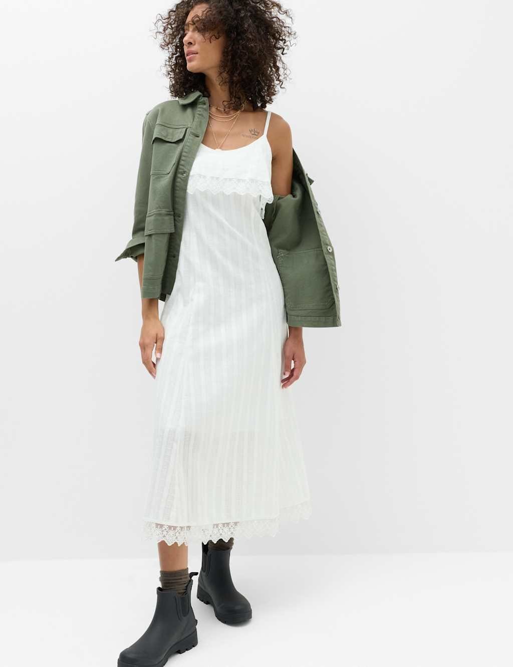 Marks & Spencer M&S Pure Cotton Jacquard Midi Slip Dress Soft White - 1