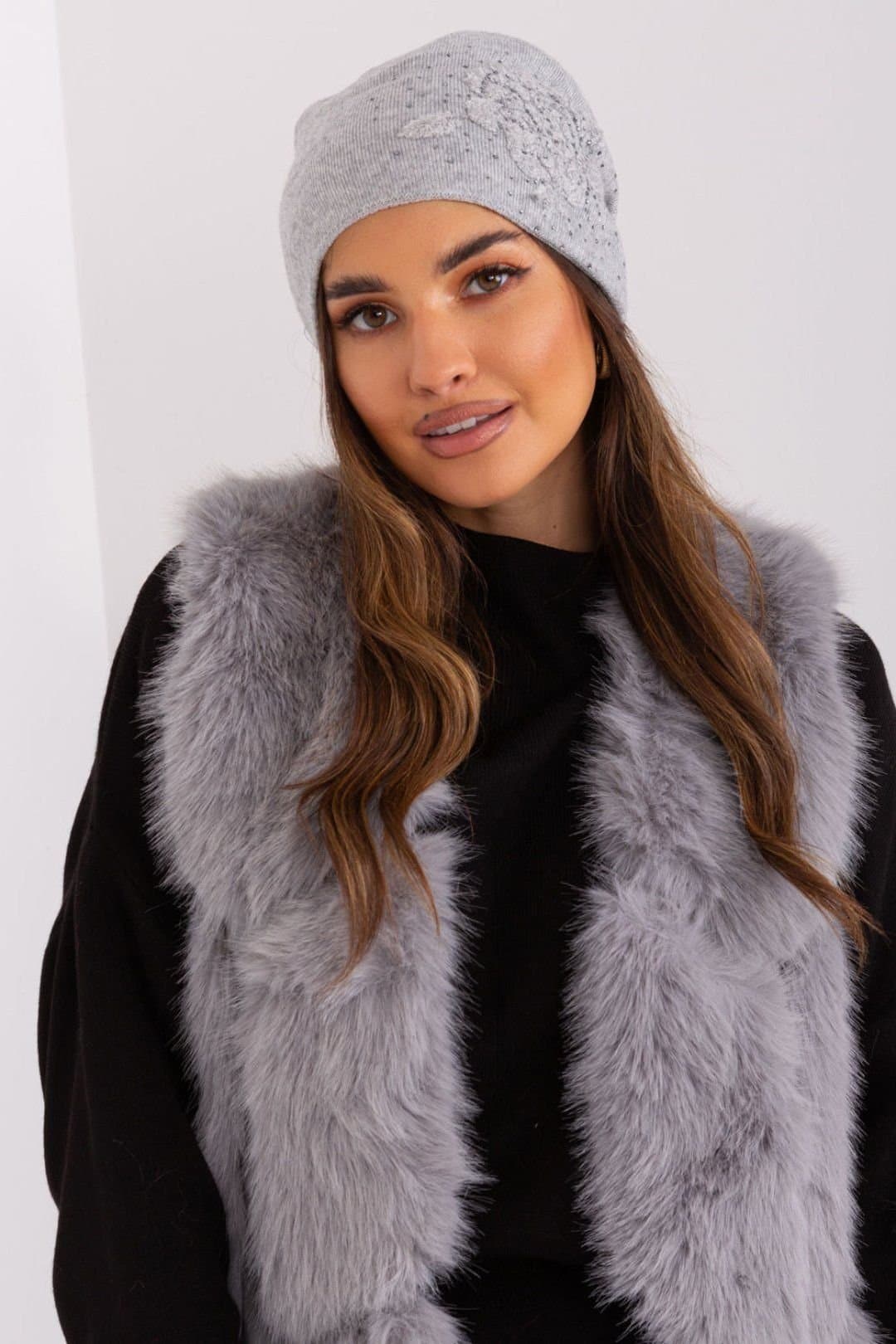 Love Lace Love Lace Grey Cashmere Beanie Hat with Rhinestone Decoration