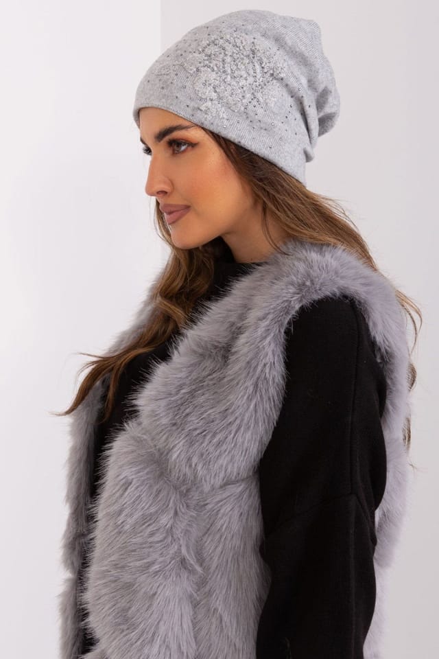 Love Lace Love Lace Women's Warm Winter Cashmere Beanie Hat with Rhinestone Decoration Embellished in Grey - 2