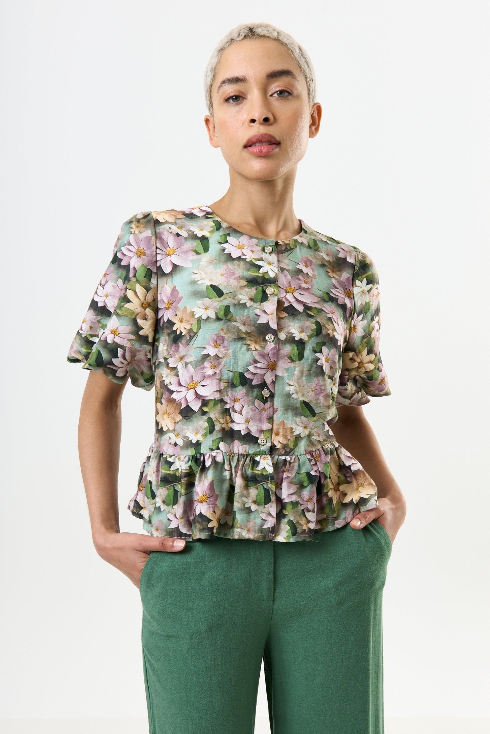 Louche Green 3D Daisy Print Peplum Blouse