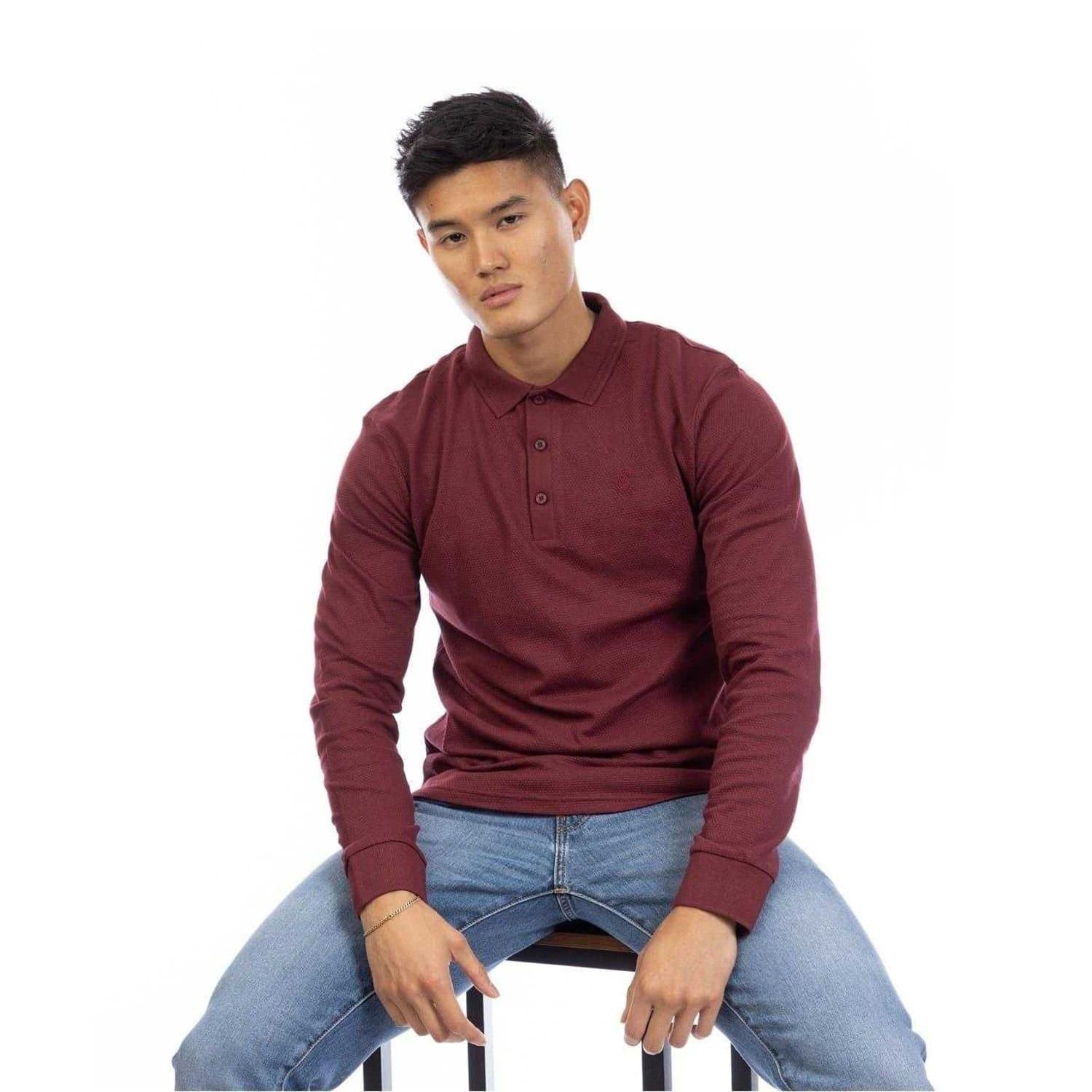 Peter Werth Peter Werth Men's Embroidered Long-Sleeved Polo Shirt in Burgundy